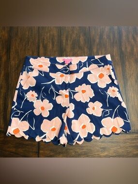 Isaac Mizrahi Navy Shorts with Pink Floral Print and Scalloped Hem
